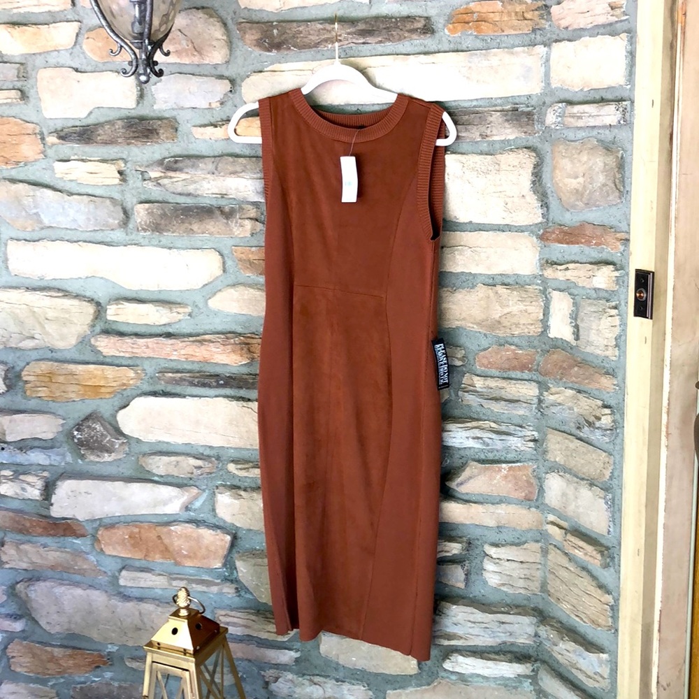 Sleeveless suede and knit long knee length dress